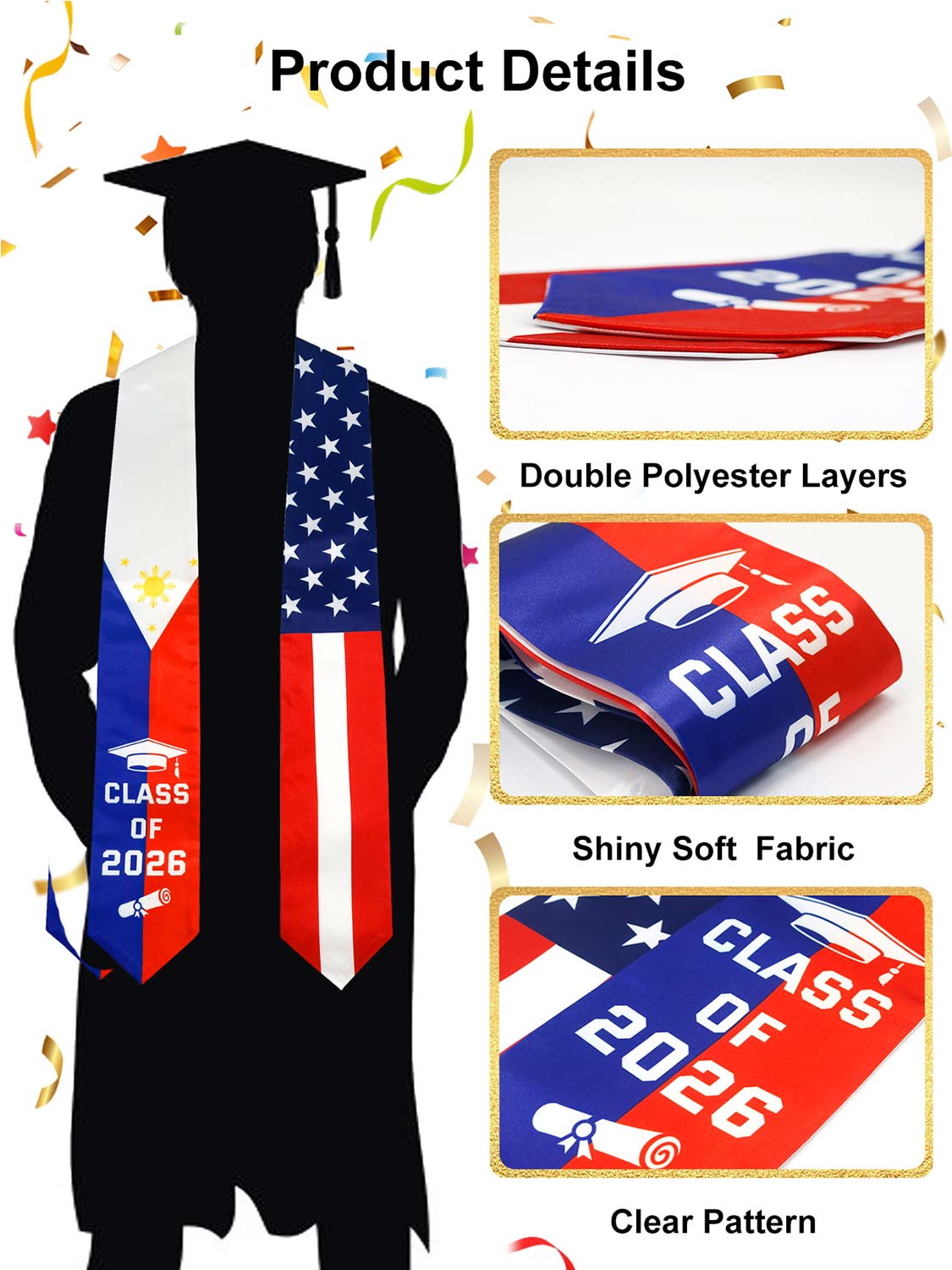 Class of 2026 Flag Graduation Stole for Adults 72" - 8 Styles Available