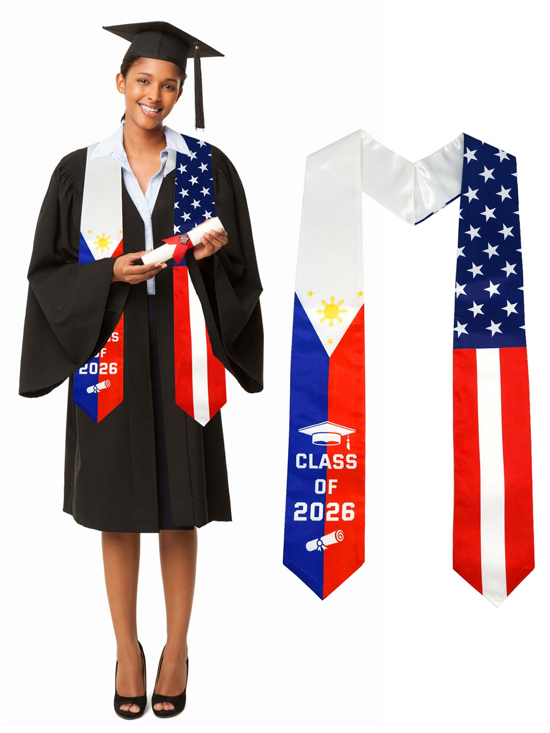 Class of 2026 Flag Graduation Stole for Adults 72" - 8 Styles Available