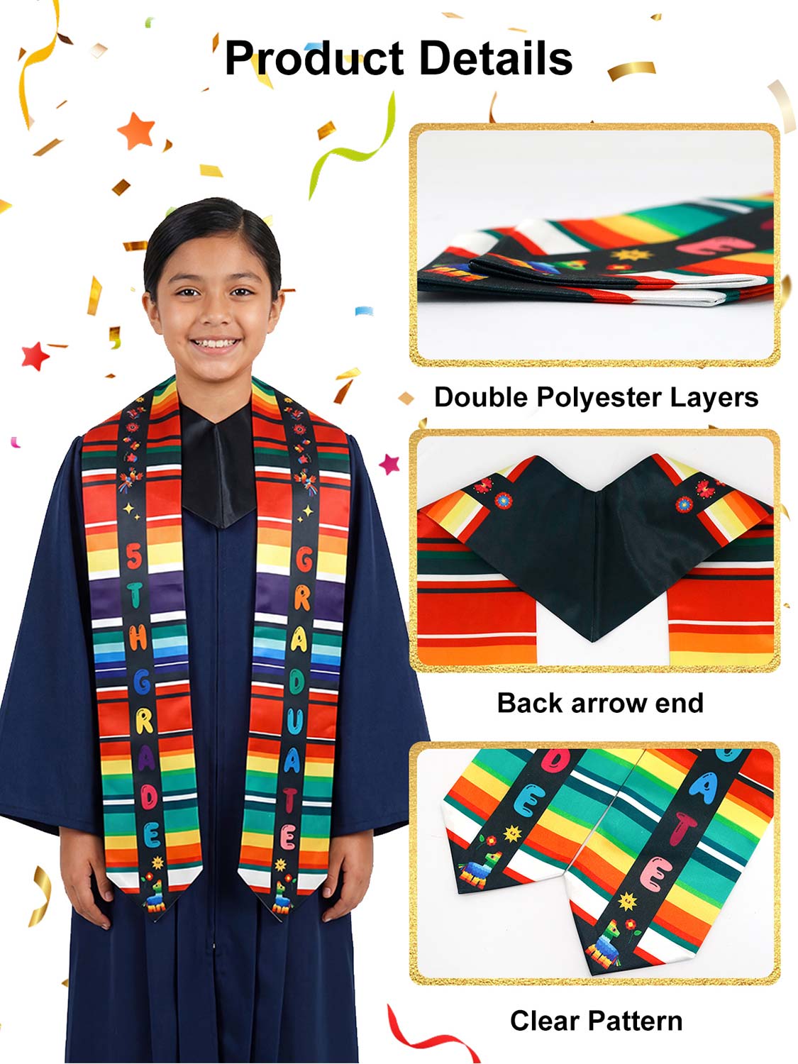 Mexico Graduation Print Stole 60" for 5th Grade Graduates