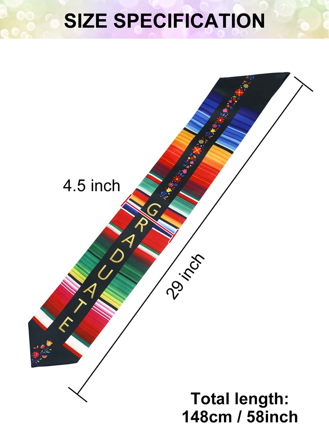 Mexico Graduation Print Stole 60" for 8th Grade Graduates