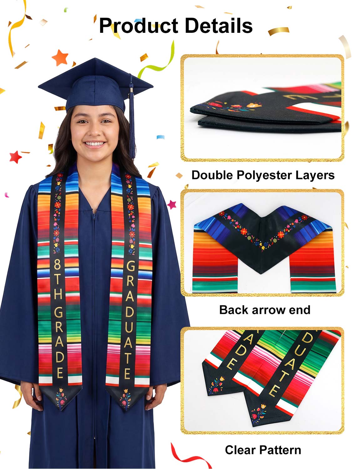 Mexico Graduation Print Stole 60" for 8th Grade Graduates