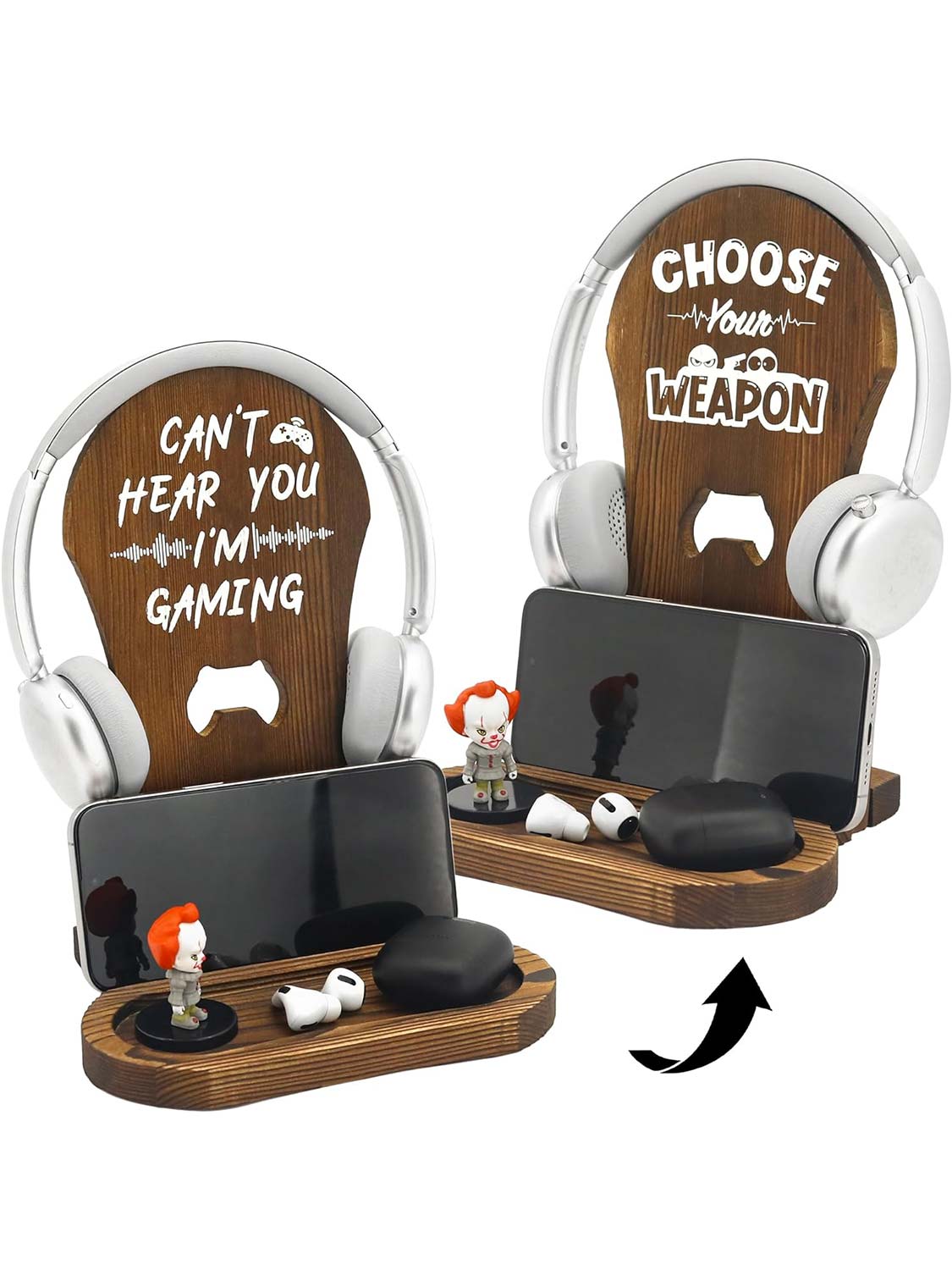 Double-Sided Reversible Wooden Headset Stand with Tray for Desktop Accessories