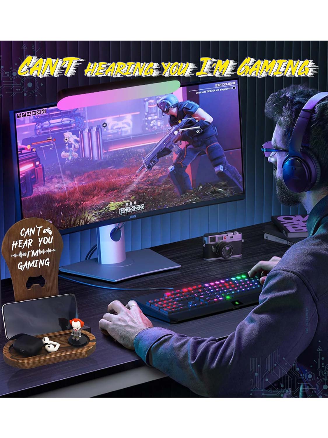 Double-Sided Reversible Wooden Headset Stand with Tray for Desktop Accessories
