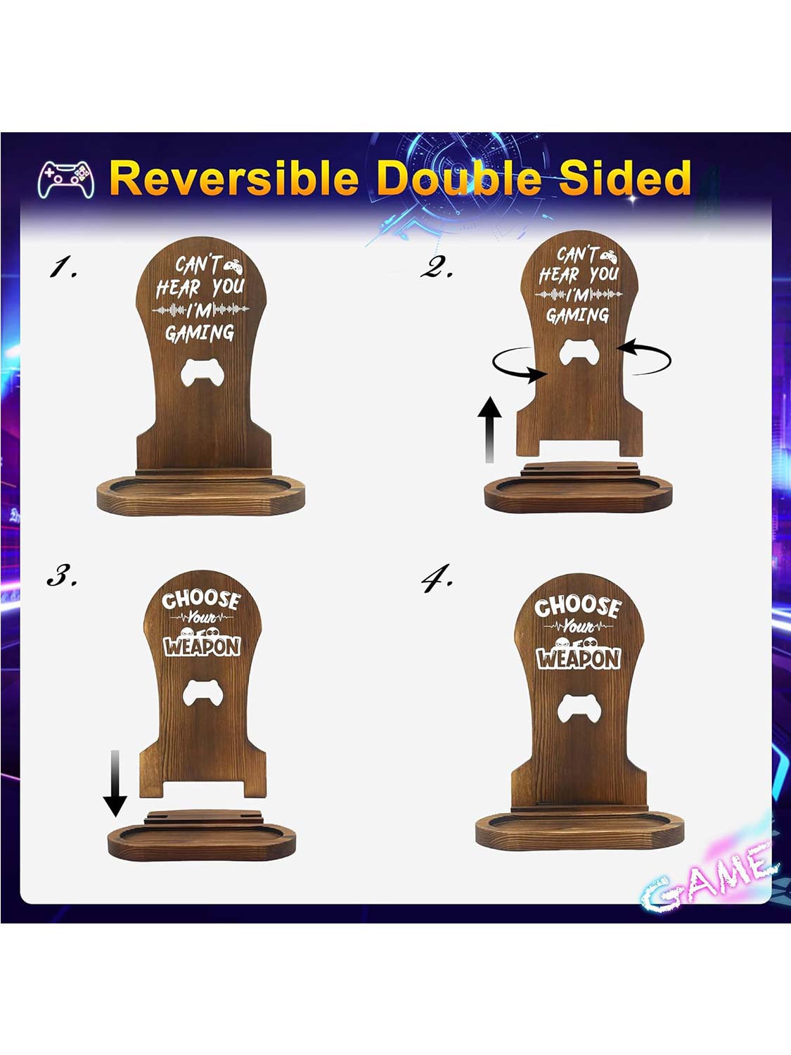 Double-Sided Reversible Wooden Headset Stand with Tray for Desktop Accessories