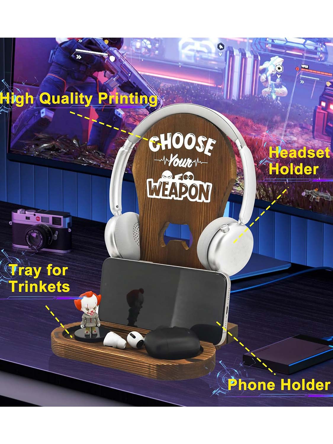 Double-Sided Reversible Wooden Headset Stand with Tray for Desktop Accessories