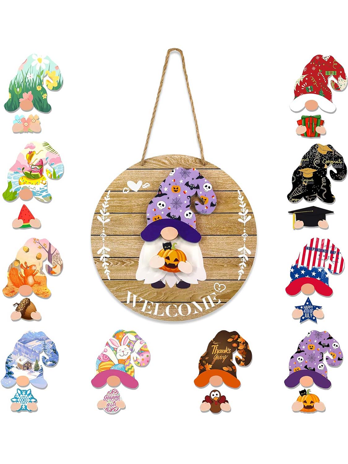 Interchangeable Welcome Sign Wooden Gnome Decoration for Front Door with 20 Removable Accessories