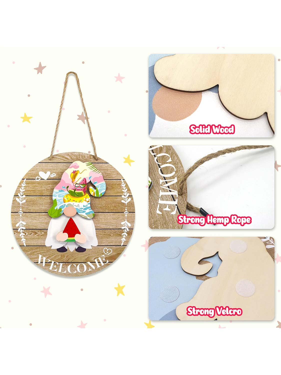 Interchangeable Welcome Sign Wooden Gnome Decoration for Front Door with 20 Removable Accessories