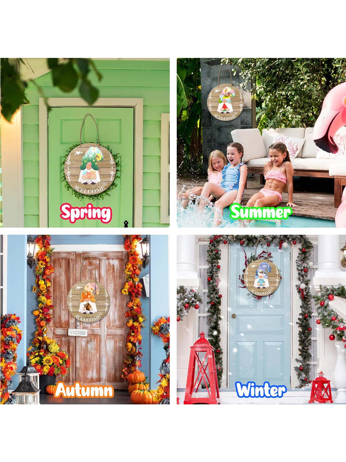 Interchangeable Welcome Sign Wooden Gnome Decoration for Front Door with 20 Removable Accessories