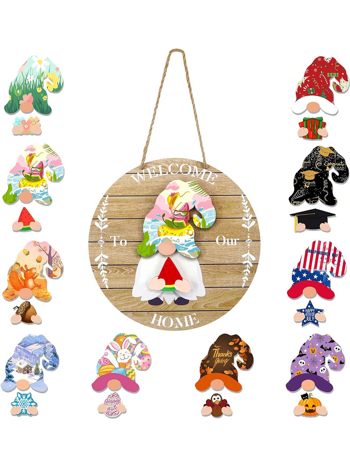 Interchangeable Welcome Sign Wooden Gnome Decoration for Front Door with 20 Removable Accessories